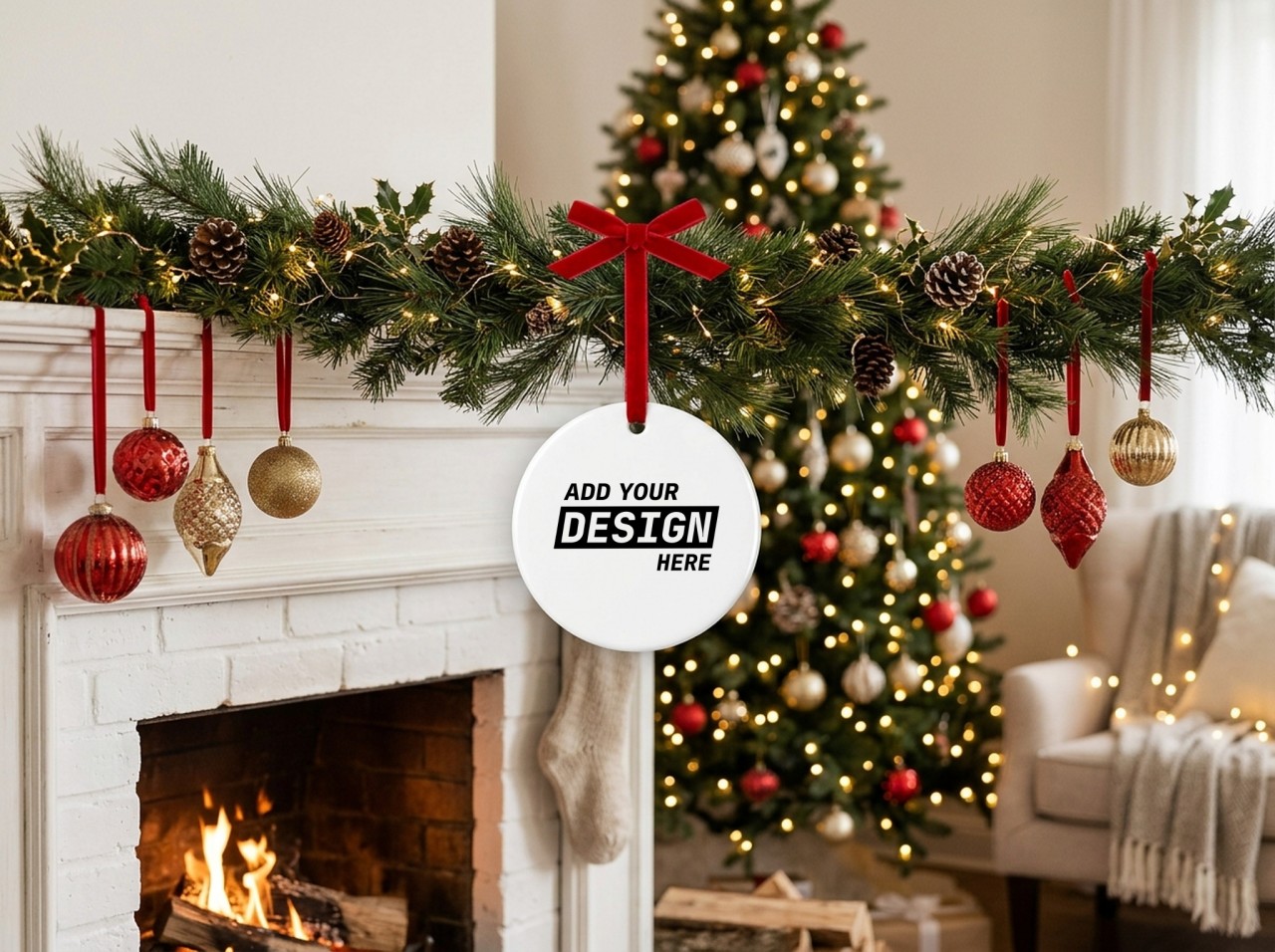 Round Ceramic Ornament Mockup on a Mantel Garland by the Fireplace