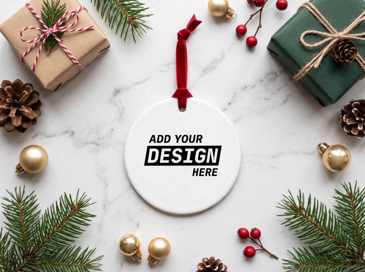 Round Ceramic Christmas Ornament Mockup on Marble with Gift Boxes