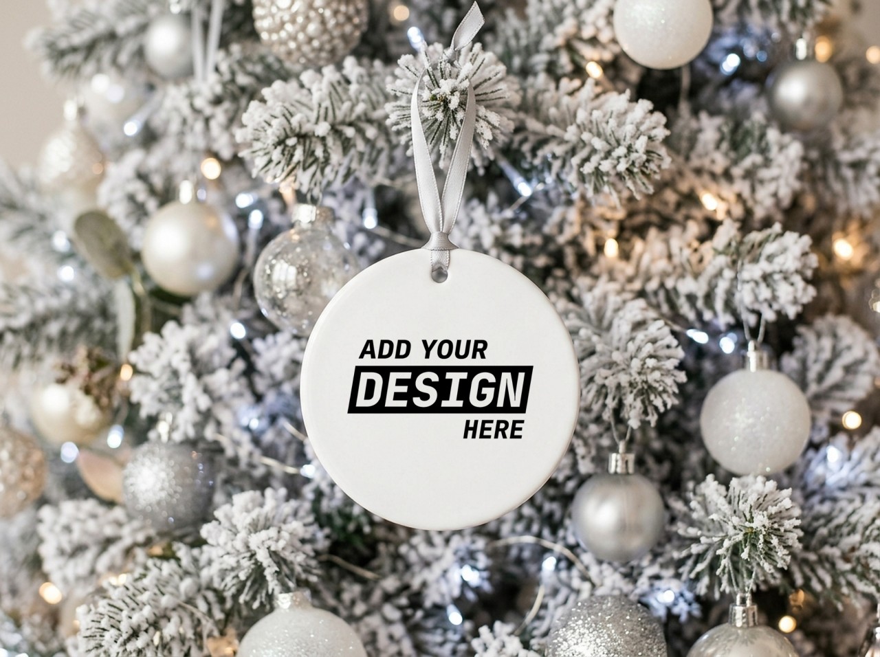 Round Ceramic Ornament Mockup on a White Flocked Christmas Tree