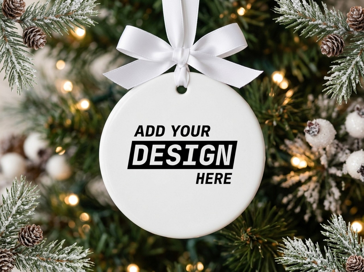 Round Ceramic Ornament Mockup with a White Satin Bow on a Frosted Tree