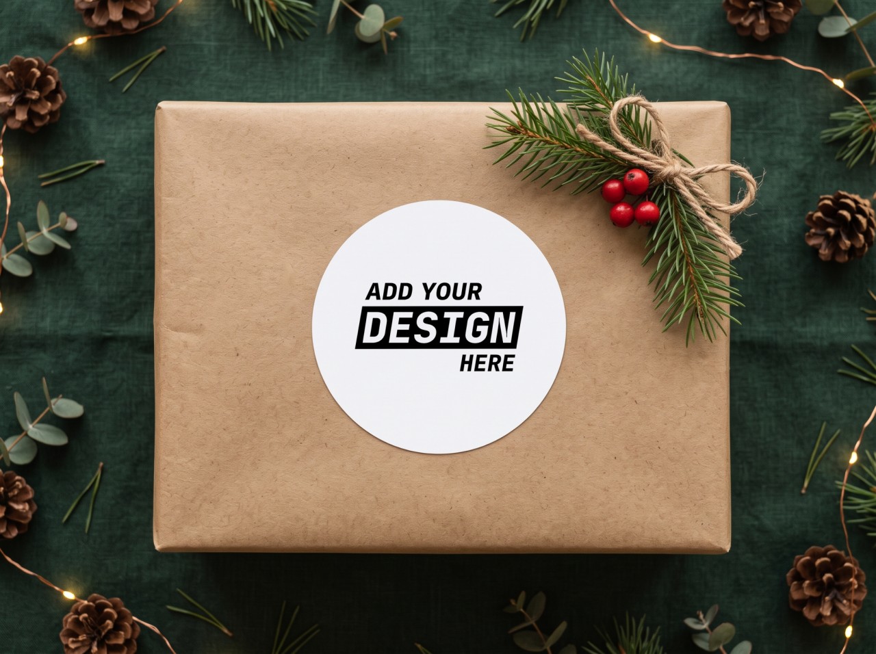 Round Christmas Sticker Mockup on a Kraft Gift Box with Pine