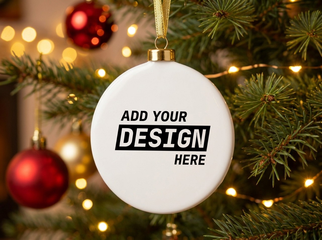 Round Porcelain Christmas Ornament Mockup on a Lit Christmas Tree