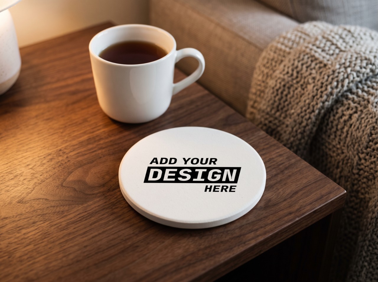 Round Sandstone Coaster Mockup on a Walnut Side Table with Tea