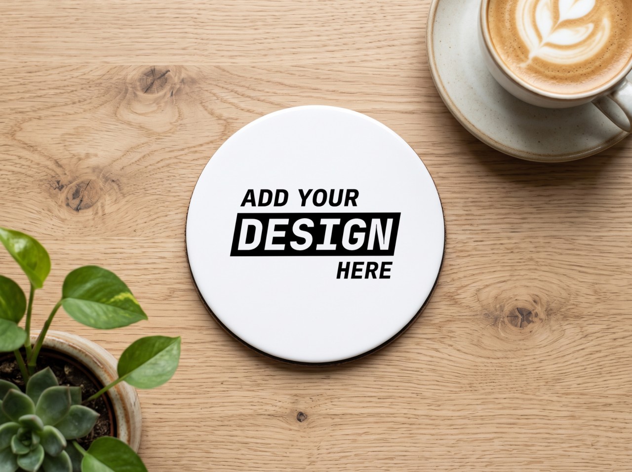 Round White Coaster Mockup on an Oak Coffee Table