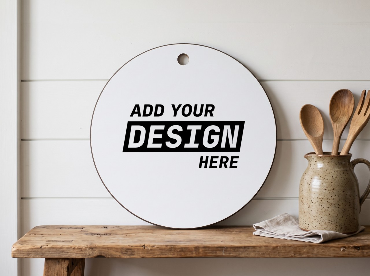 Round White Cutting Board Mockup on a Farmhouse Shelf