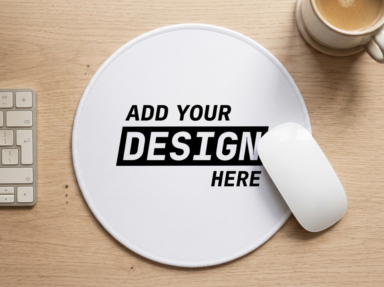 Round White Mouse Pad Mockup on an Oak Desk