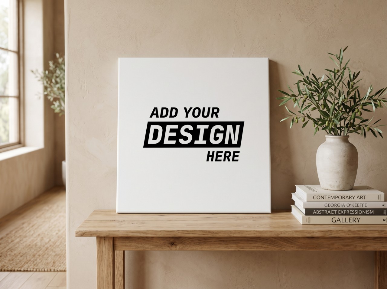 Square Canvas Mockup on an Oak Console Table