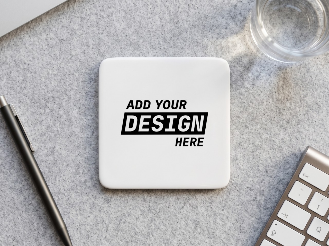 Square White Coaster Mockup on a Felt Desk Mat
