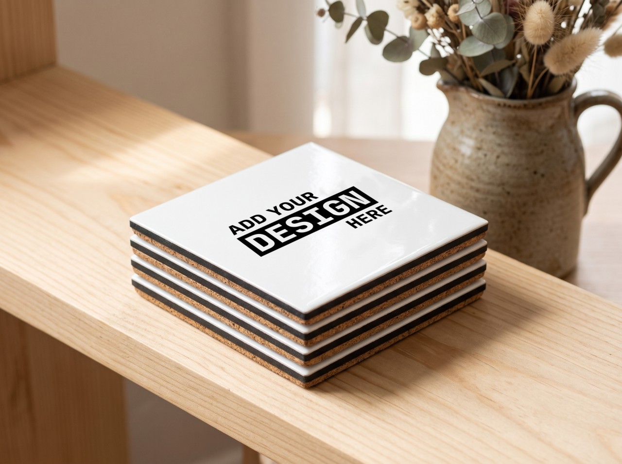 Stack of Square White Coasters Mockup on an Oak Shelf