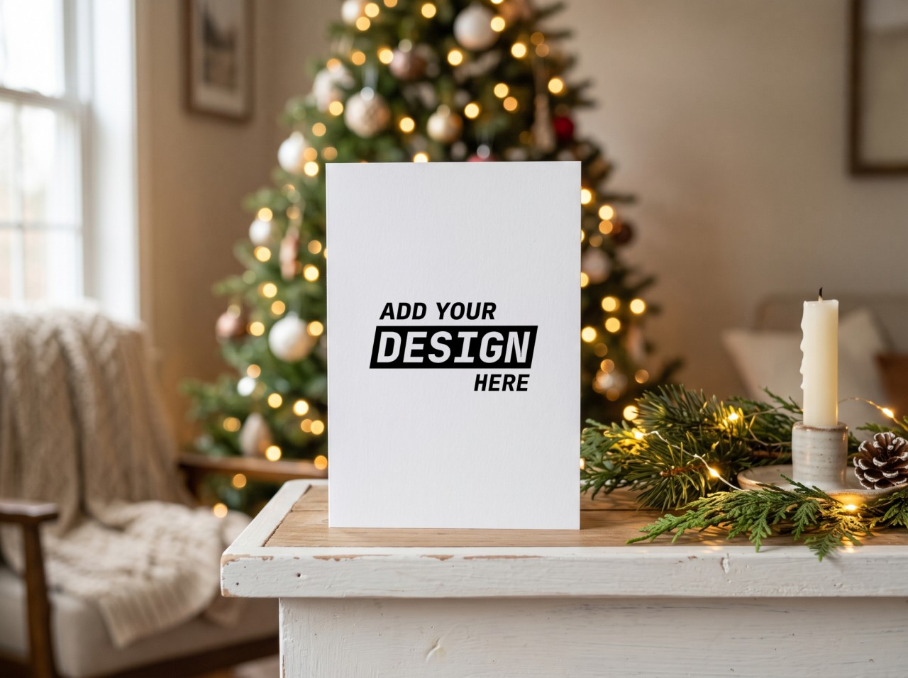Standing Christmas Card Mockup on a White Mantel with Tree Lights