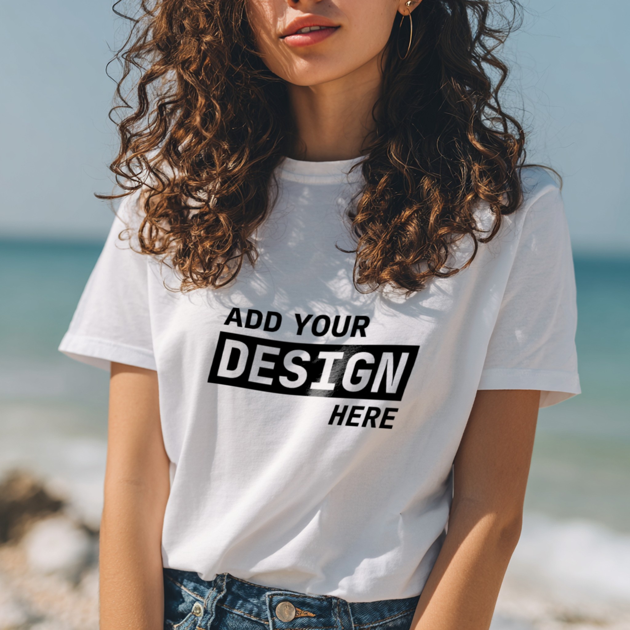 White T-Shirt Mockup Woman on Bright Seafront