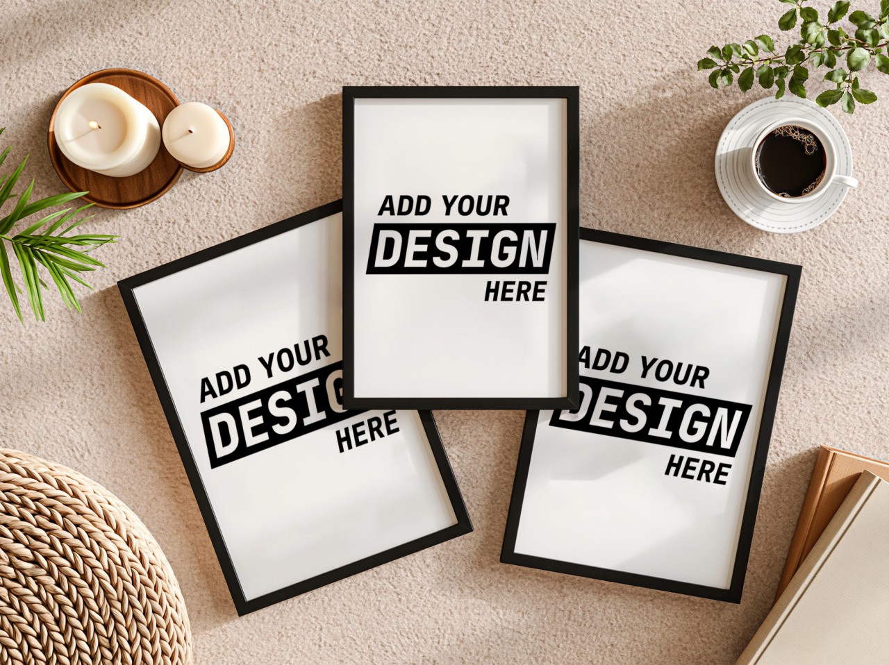 Three Black Frames Flat Lay on Beige Carpet