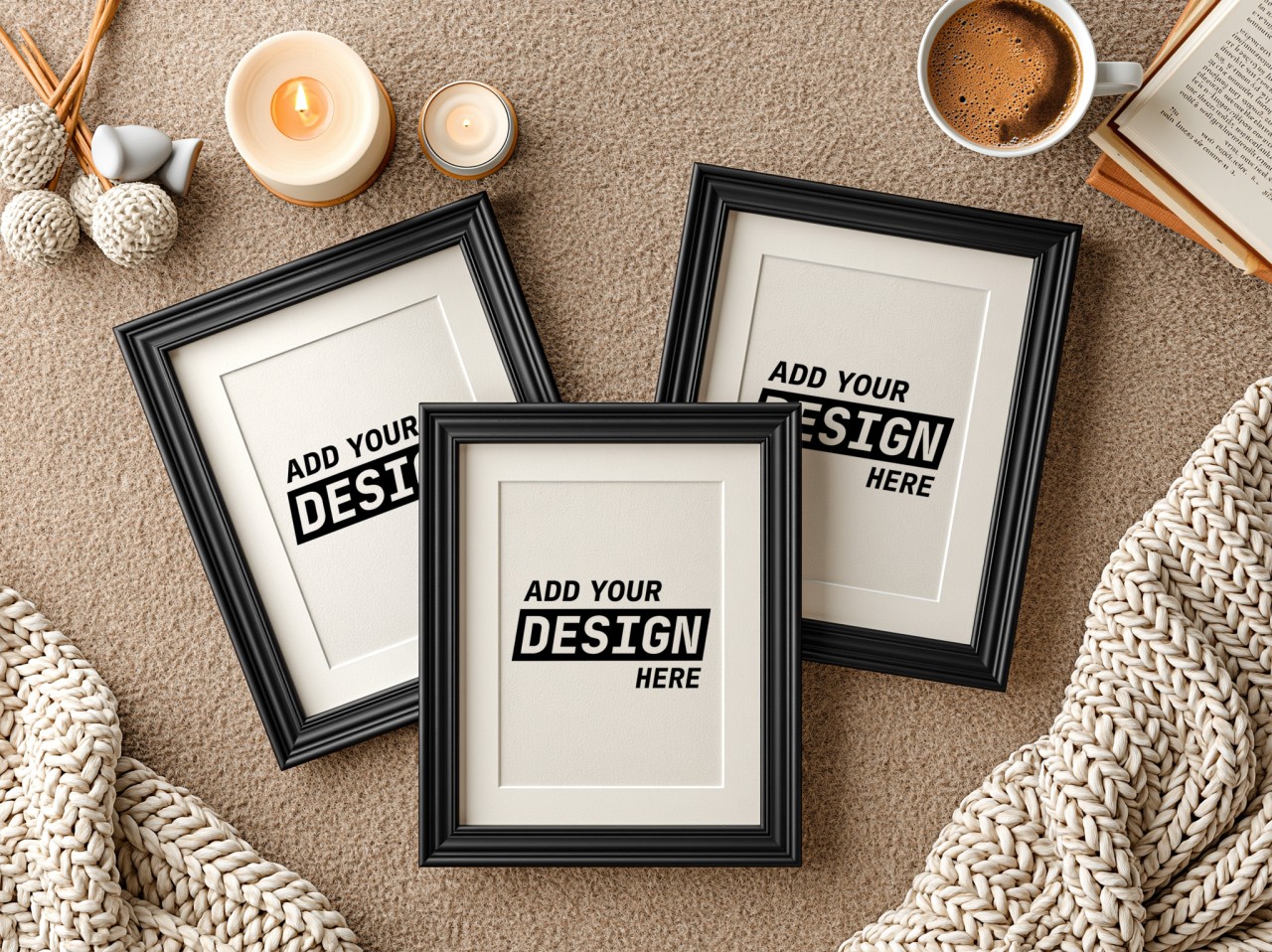 Three Black Frames with Mats on Knit Blanket