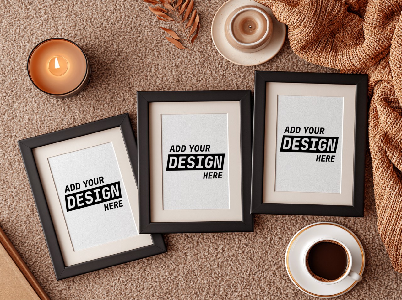 Three Black Frames with Mats on Rust Rug