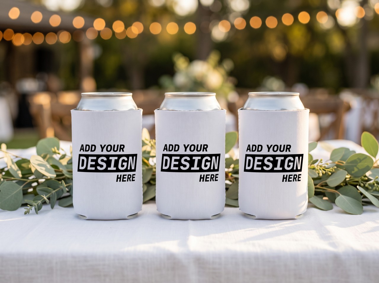 Three White Can Coolers Mockup on a Wedding Table