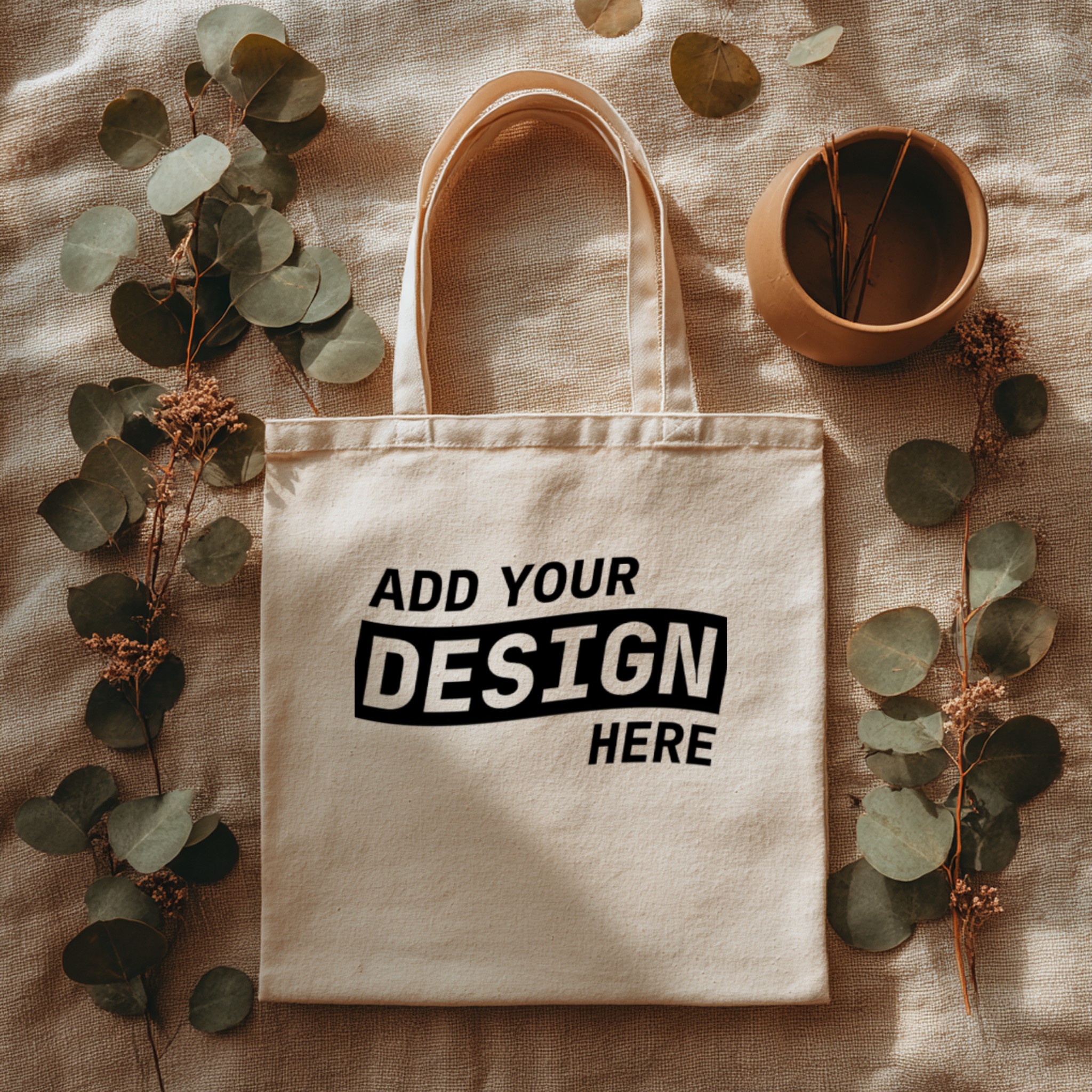 Tote Bag Mockup Flat Lay with Flower Leaves