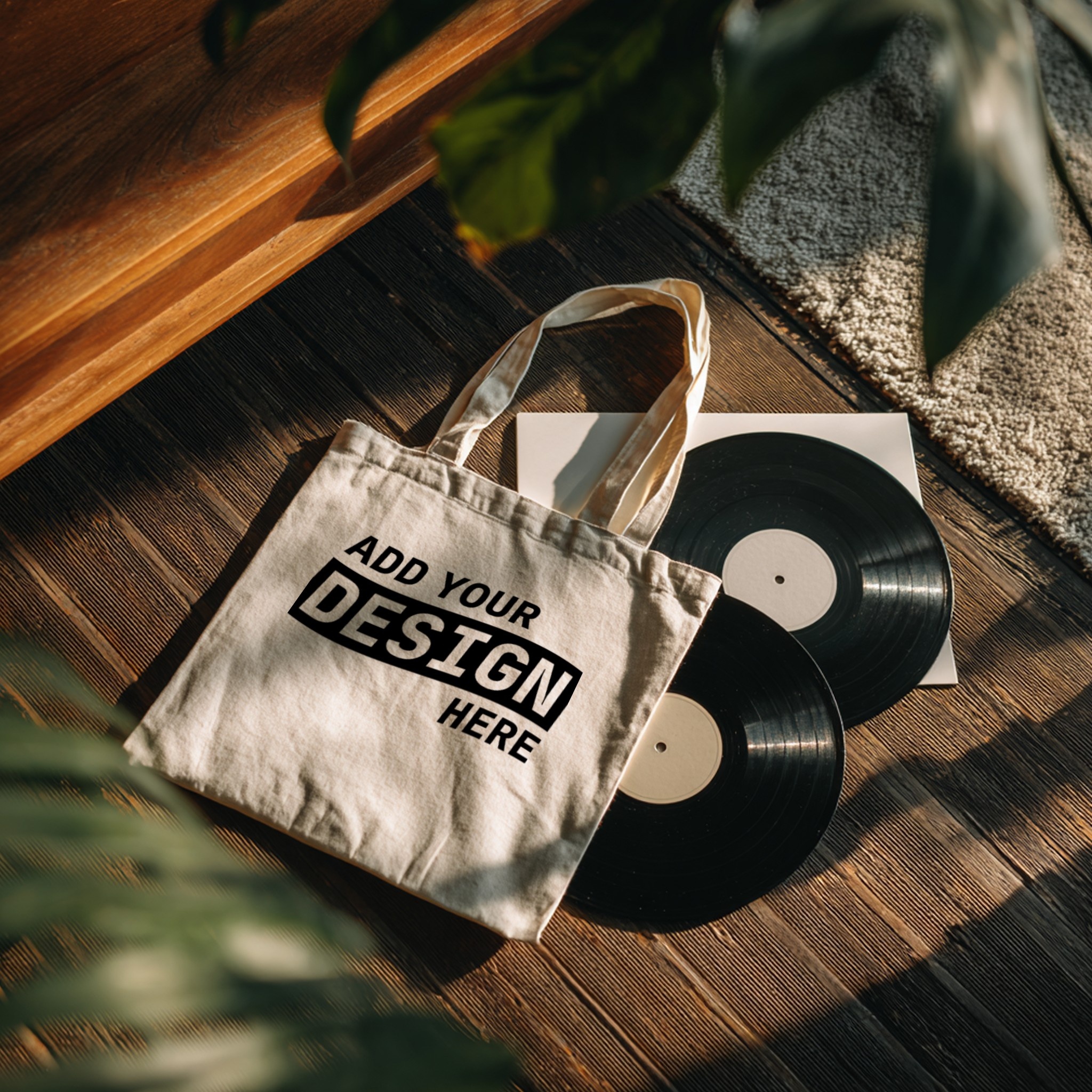 Tote Bag Mockup Flat Lay with Vinyl Records