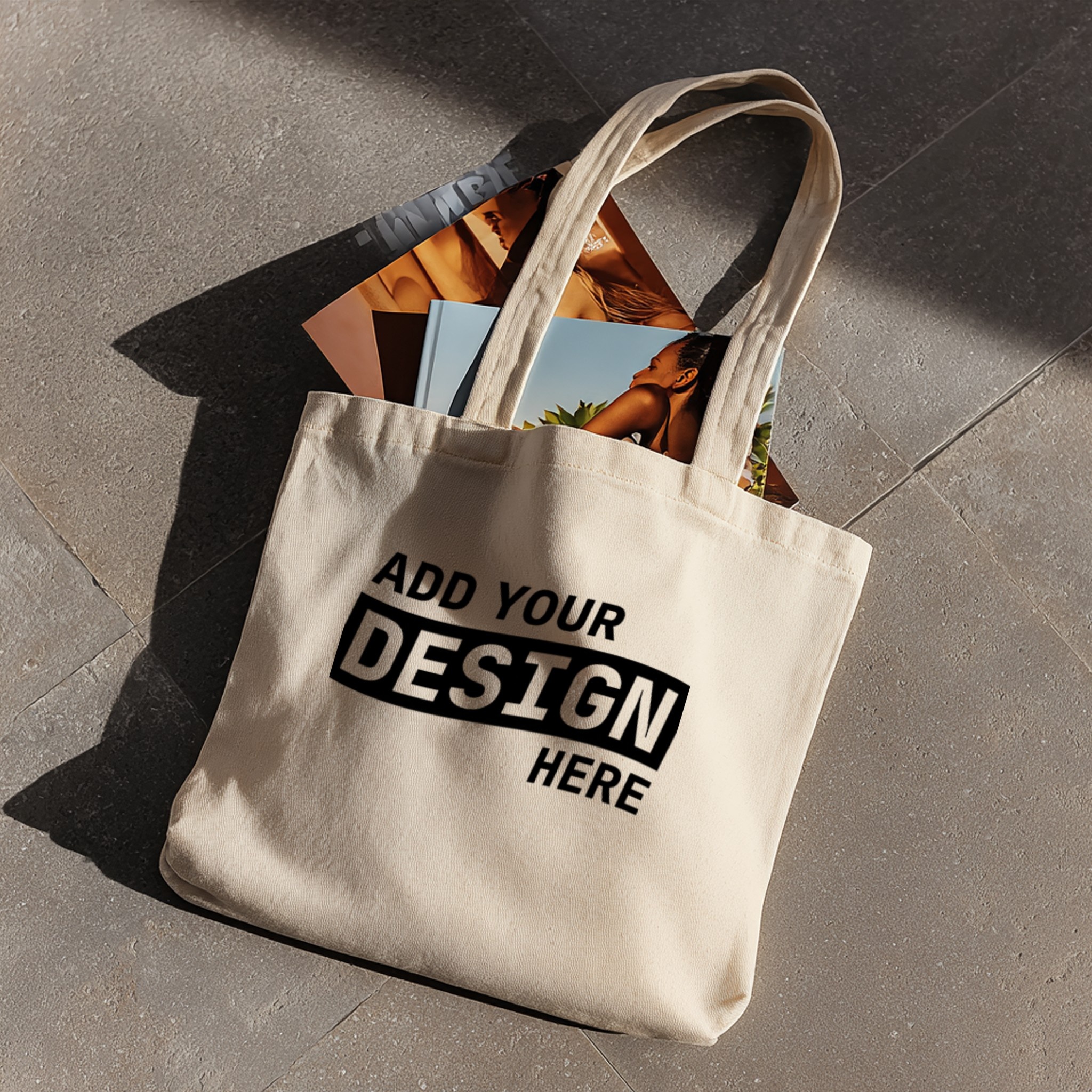 Tote Bag Mockup with Magazines on Floor
