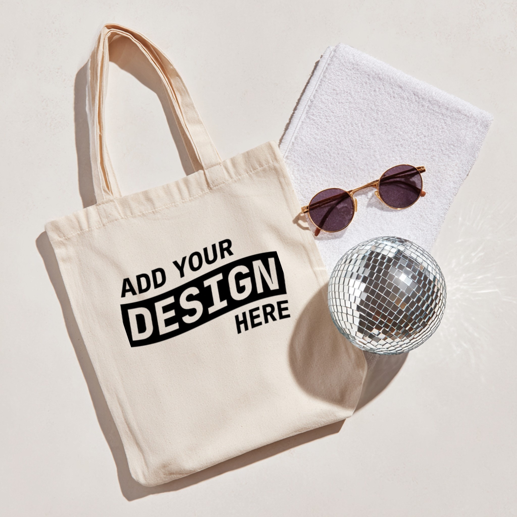 Tote Bag Mockup with Disco Ball and Glasses