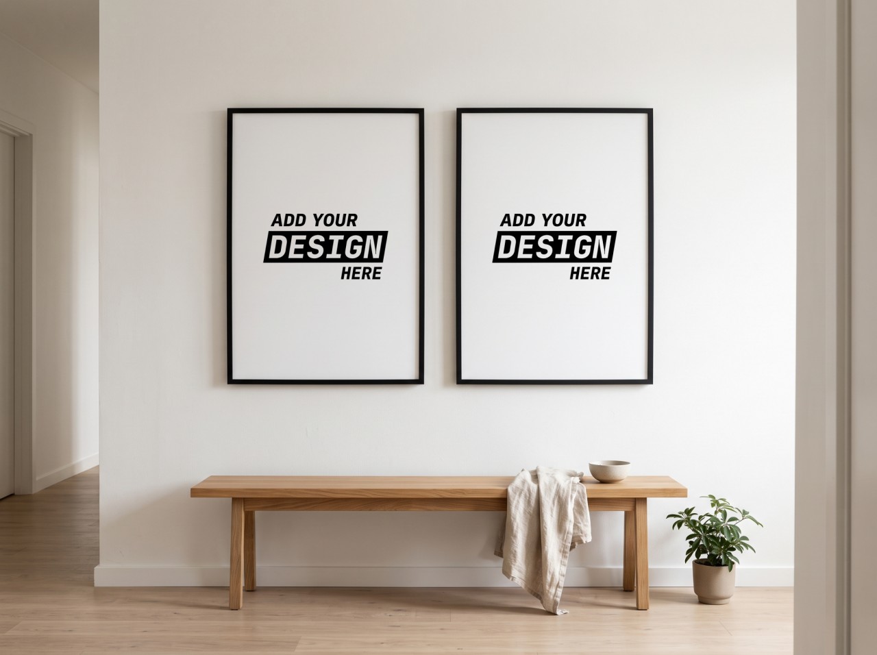 Two Black Frames Mockup on a White Hallway Wall above a Bench