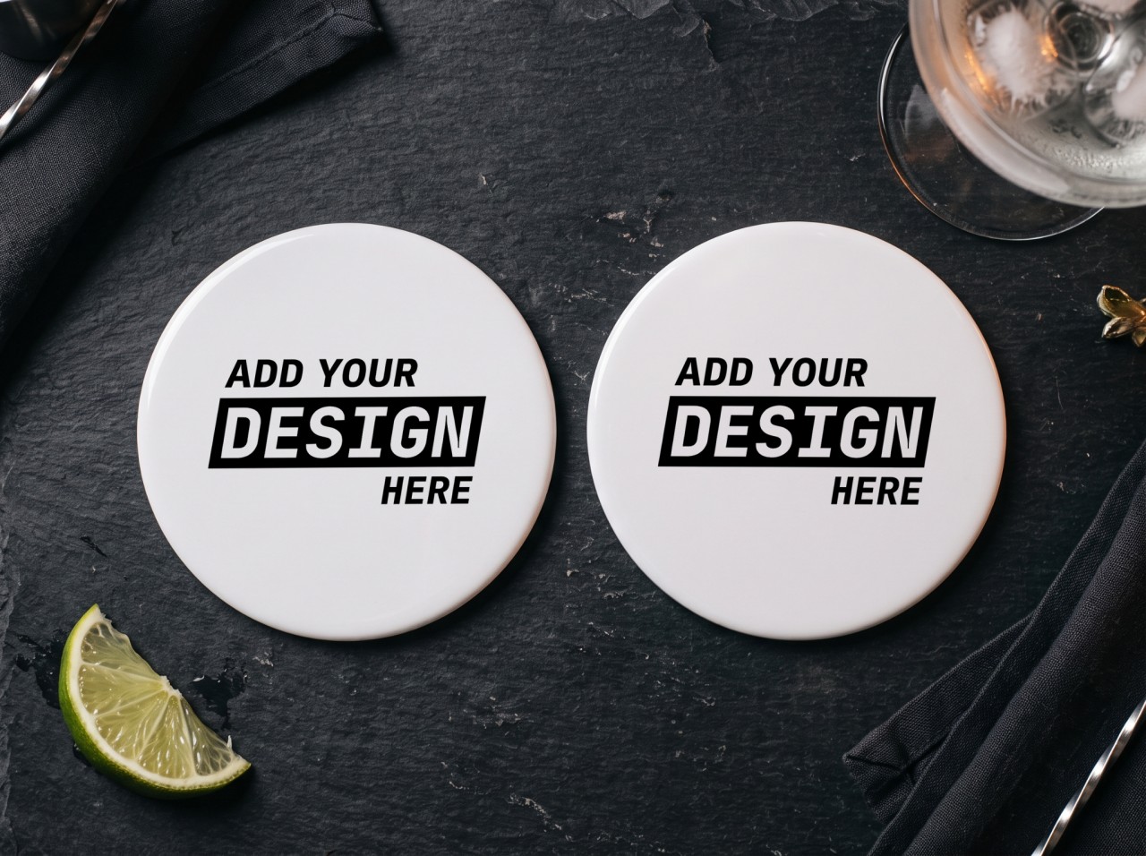 Two Round White Coasters Mockup on a Slate Bar