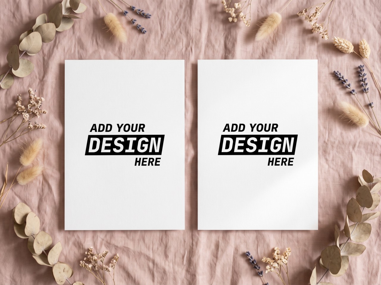 Two White Art Prints Mockup Flat Lay on Pink Linen with Dried Flowers