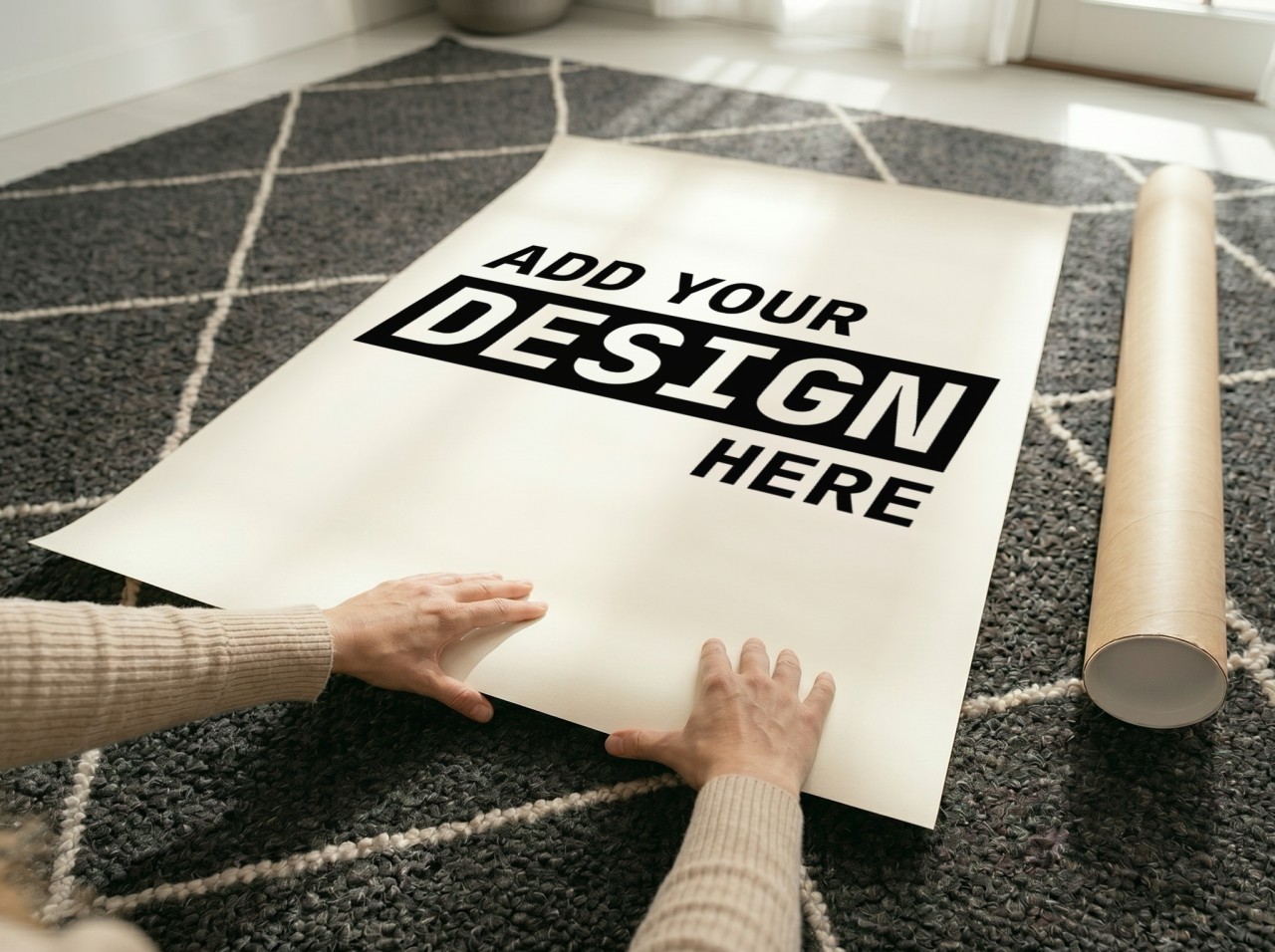 Unframed Poster Unrolling on Patterned Rug
