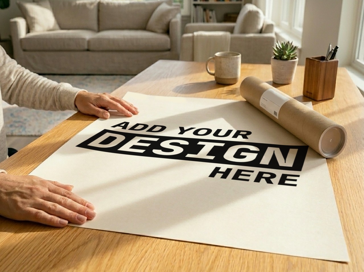 Unframed Poster Unrolled on Wooden Table