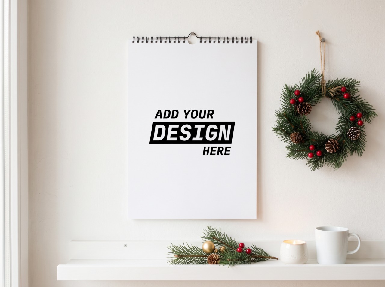 Wall Calendar Christmas Mockup on a White Wall with a Pine Wreath