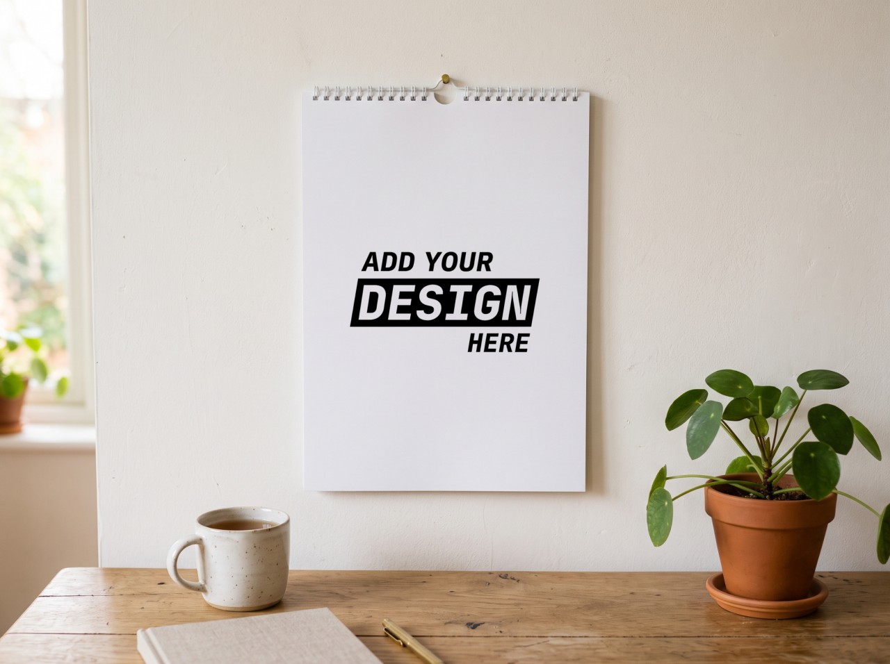 Wall Calendar Mockup Hanging Above a Wooden Desk