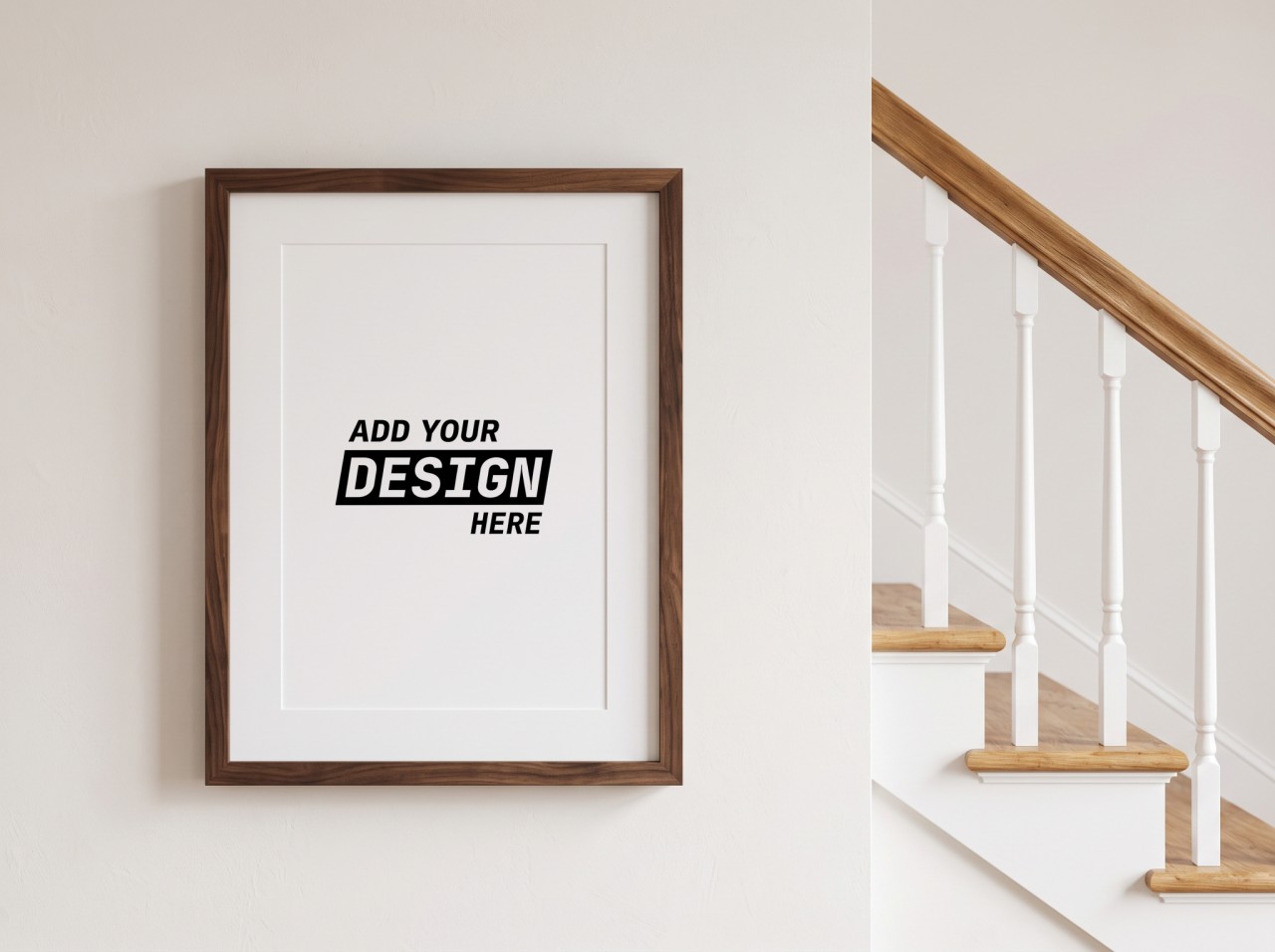 Walnut Frame Mockup with a White Mat beside a Staircase
