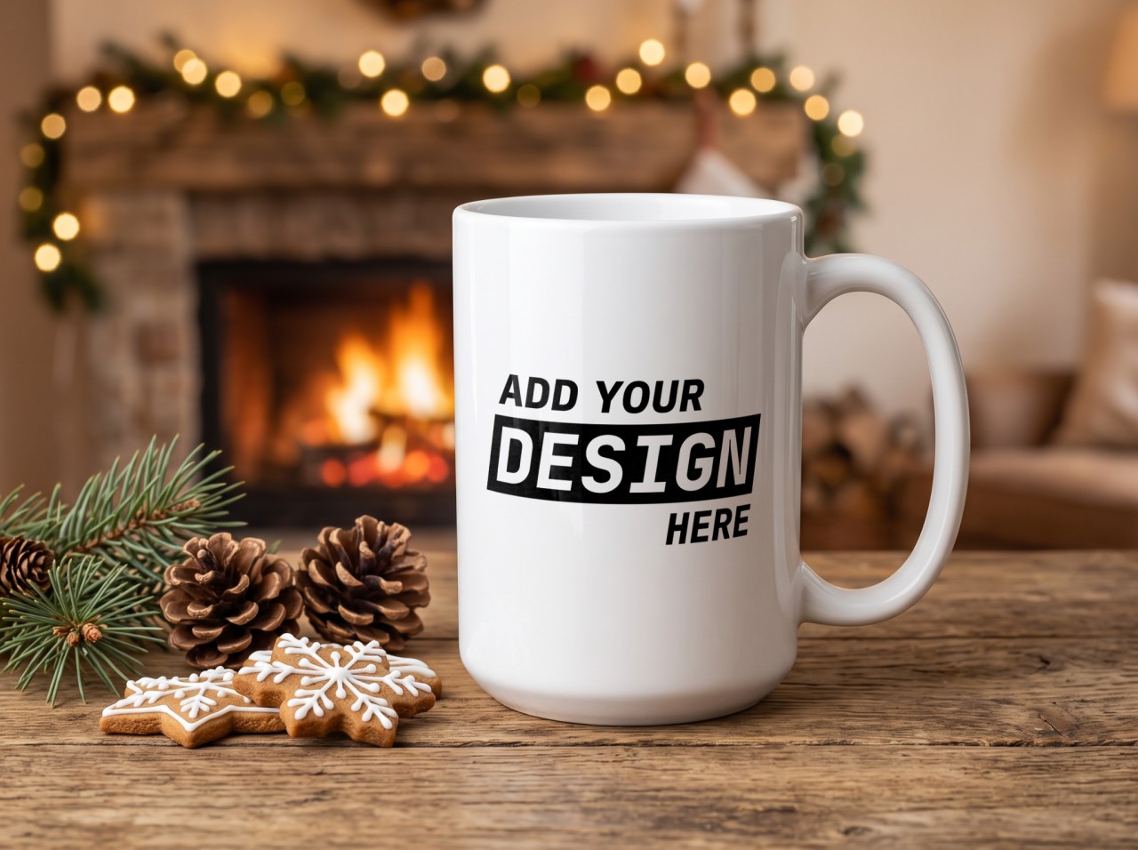 White 15 oz Christmas Mug Mockup by a Fireplace with Gingerbread