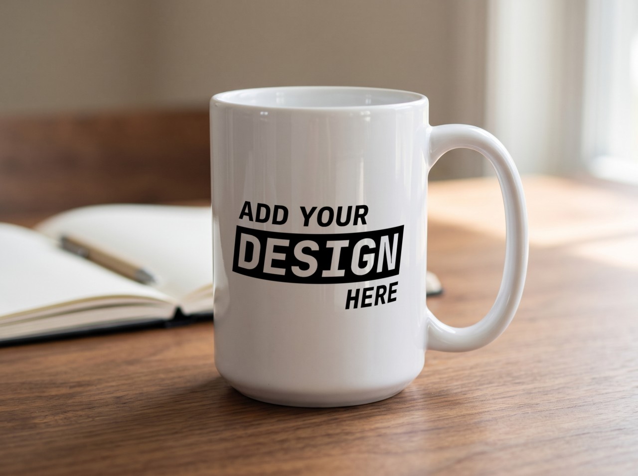 15 oz White Mug Mockup on a Walnut Desk with a Notebook