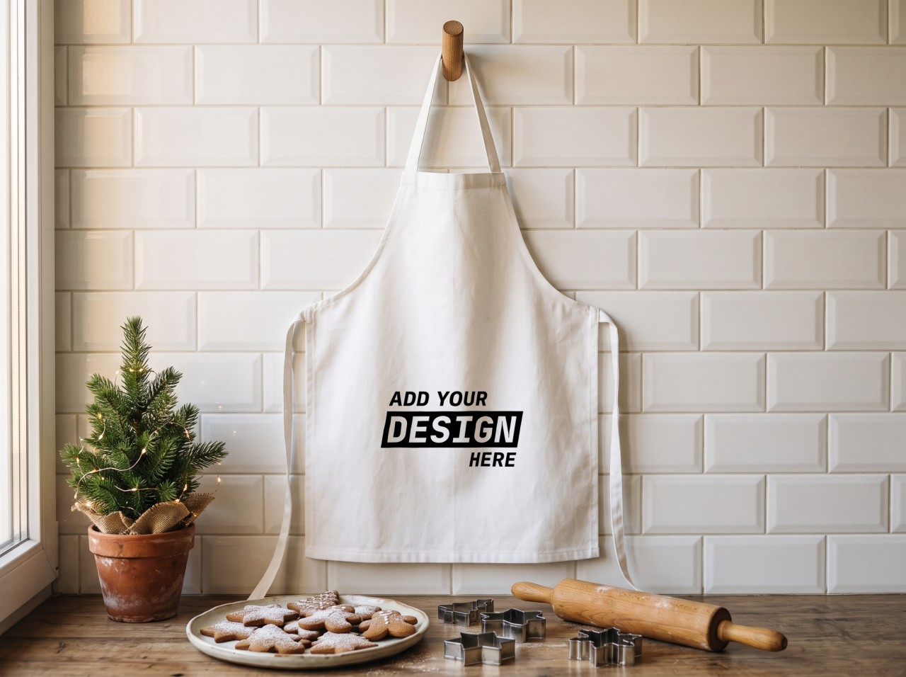White Apron Christmas Mockup in a Baking Kitchen with Gingerbread