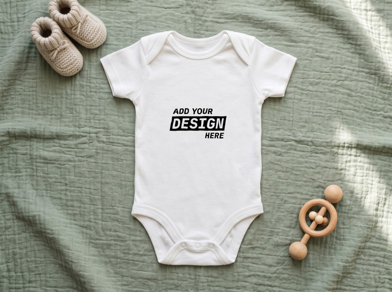White Baby Bodysuit Mockup on a Sage Blanket with Booties