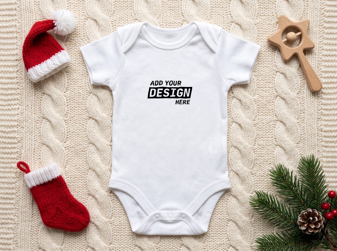 White Baby Onesie Christmas Mockup with a Knit Santa Hat and Stocking