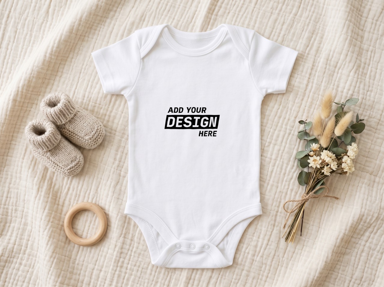 White Baby Onesie Flat Lay Mockup on a Muslin Blanket