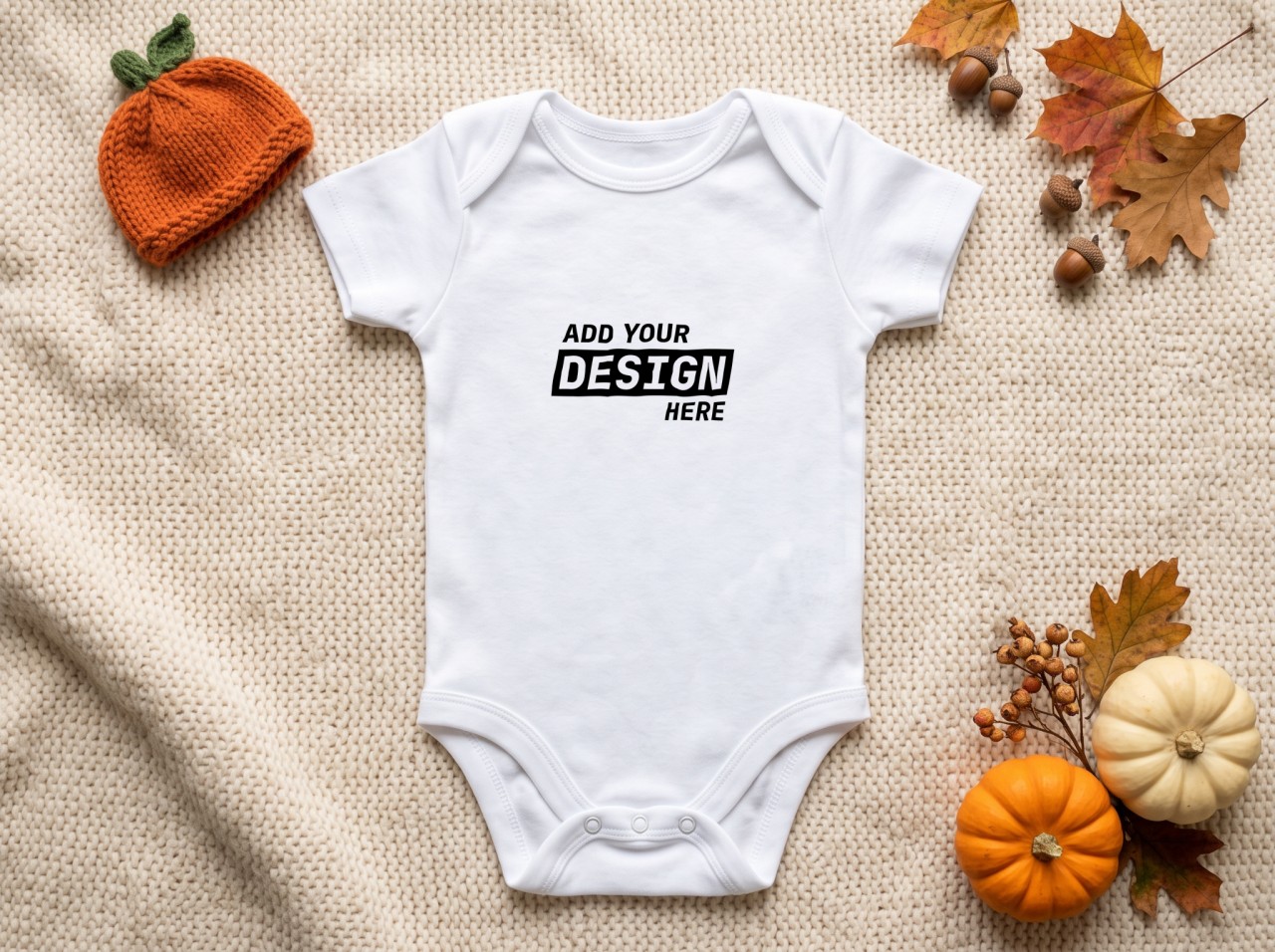 White Baby Onesie Halloween Mockup with a Knit Pumpkin Hat