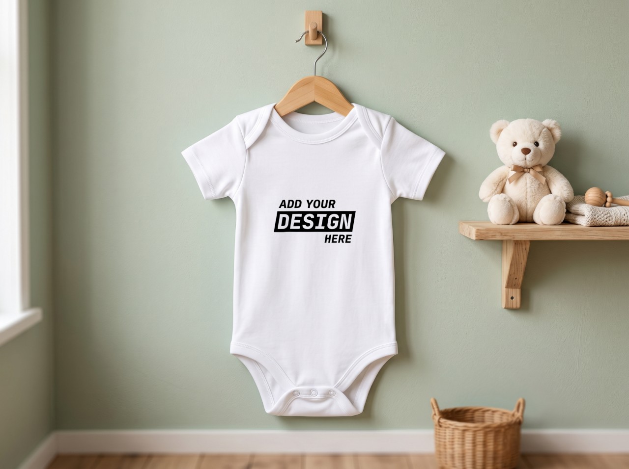 White Baby Onesie on a Wooden Hanger Mockup in a Sage Nursery
