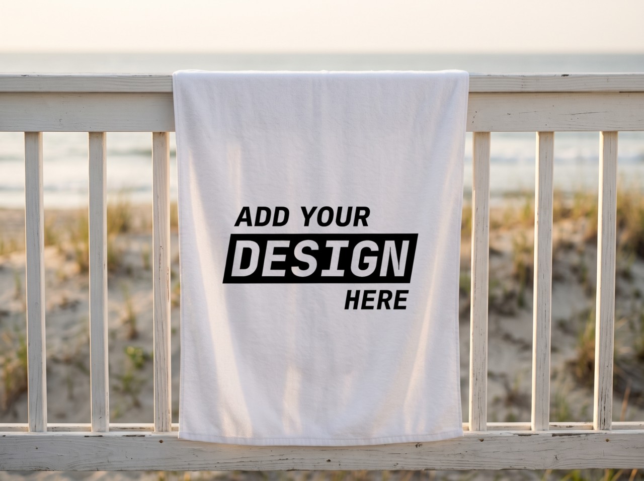 White Beach Towel Mockup on a Beach House Railing