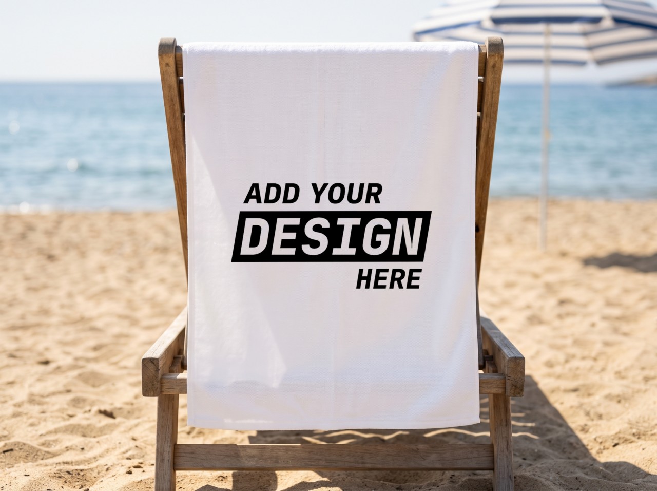 White Beach Towel Mockup on a Wooden Beach Chair