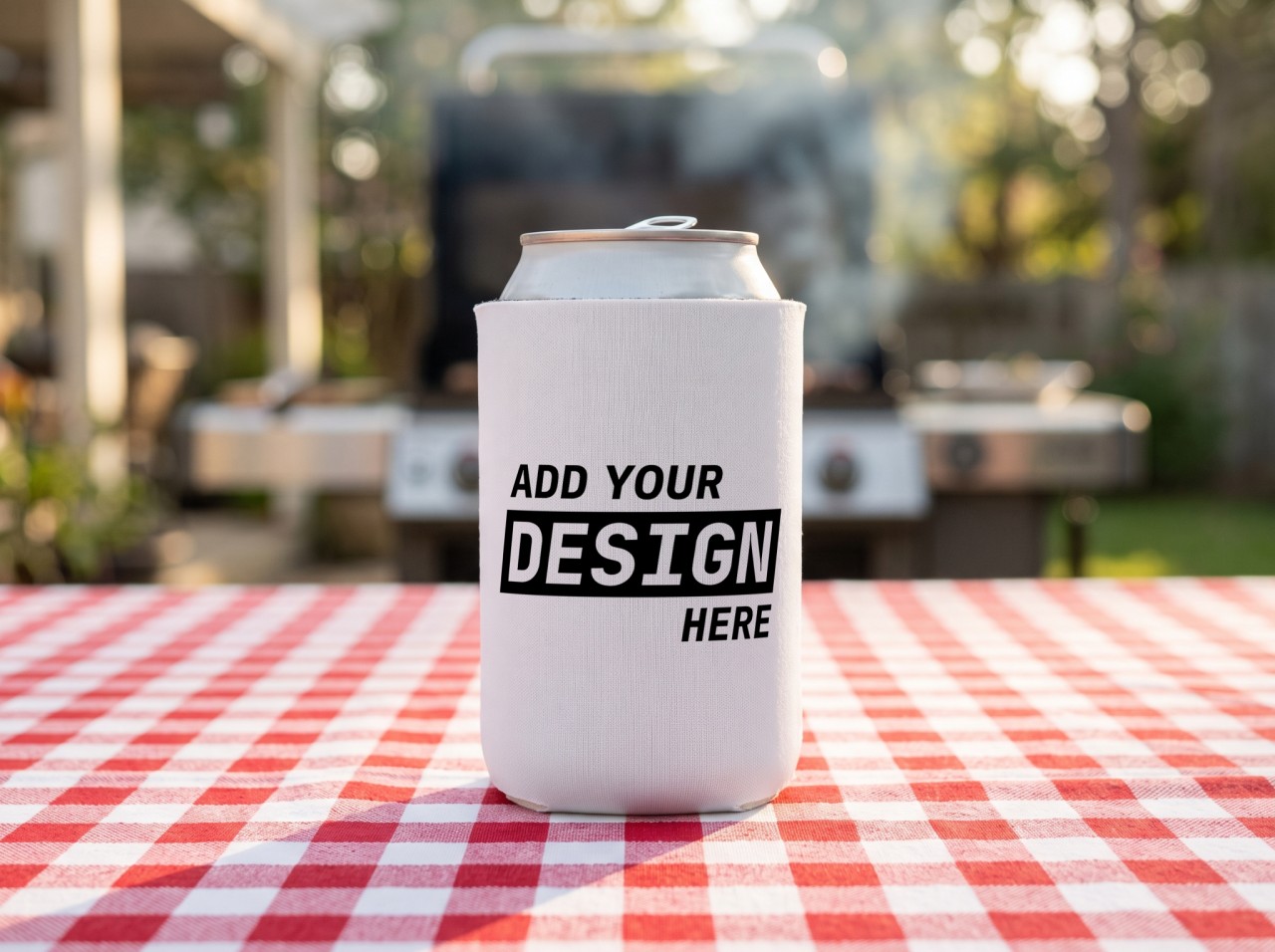 White Can Cooler Mockup at a Backyard BBQ