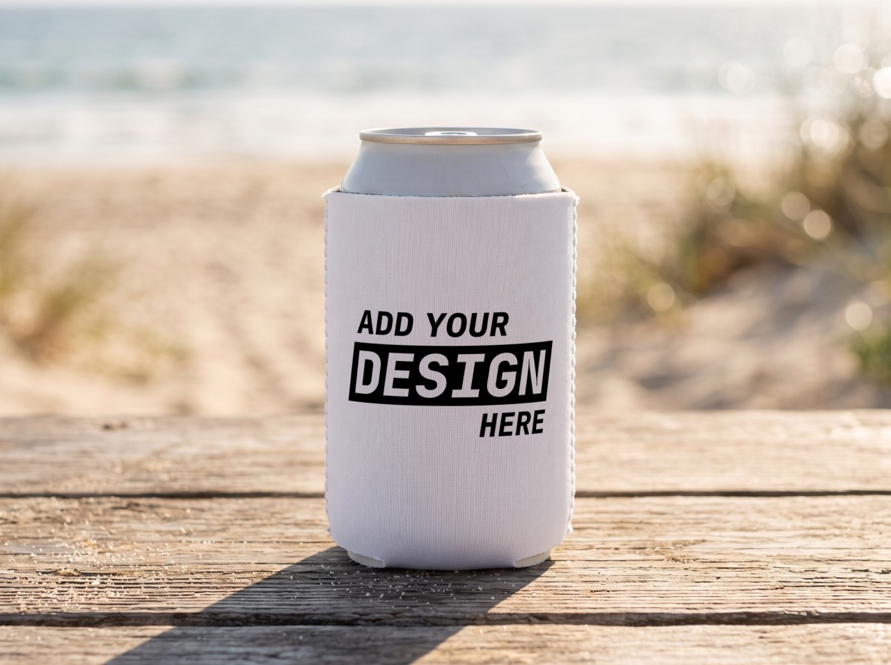 White Can Cooler Mockup on a Beach Table