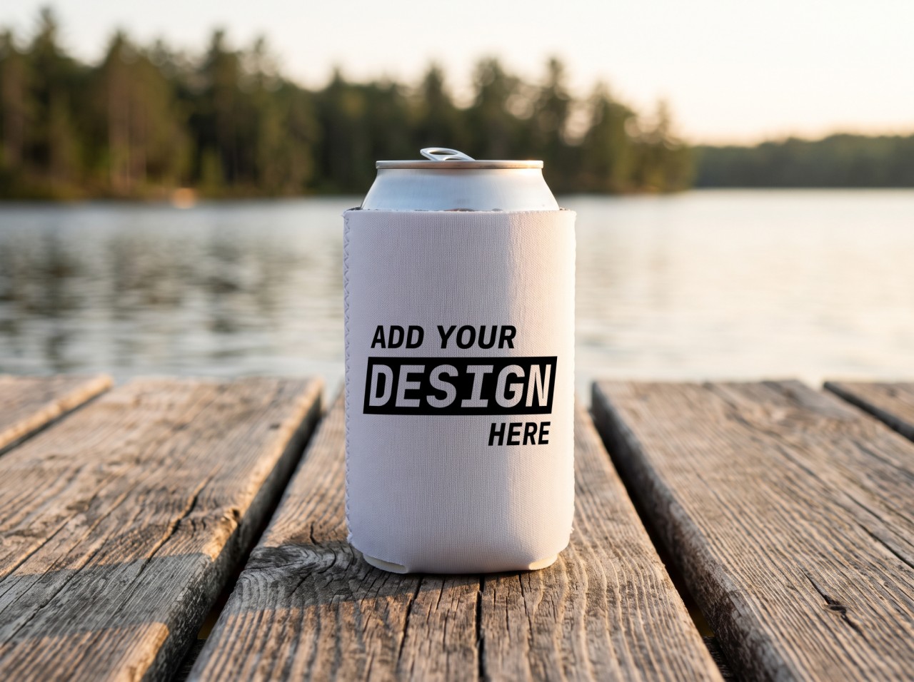 White Can Cooler Mockup on a Lake Dock