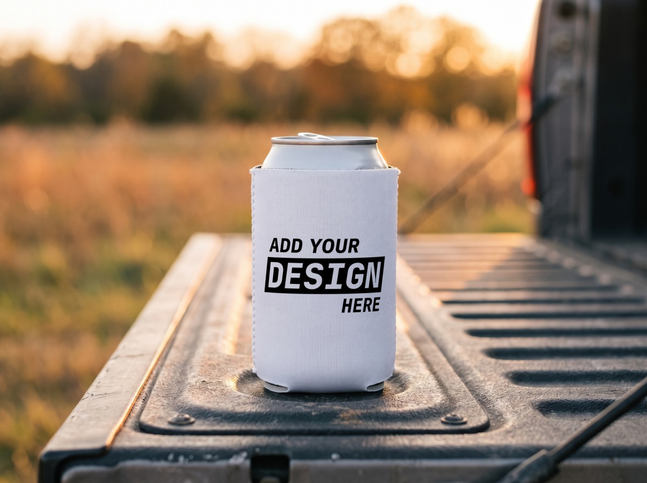 White Can Cooler Mockup on a Truck Tailgate at Sunset