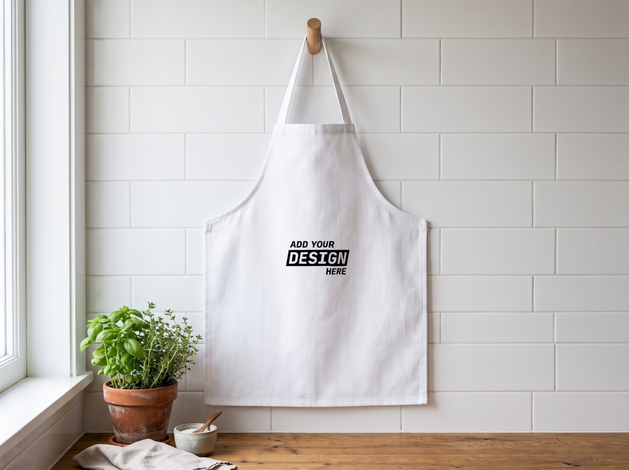 White Canvas Apron Mockup Hanging in a Kitchen