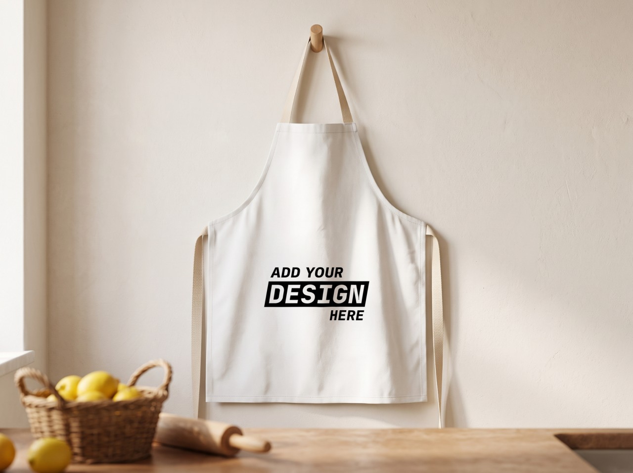 White Canvas Apron Mockup on a Wooden Peg with Lemons