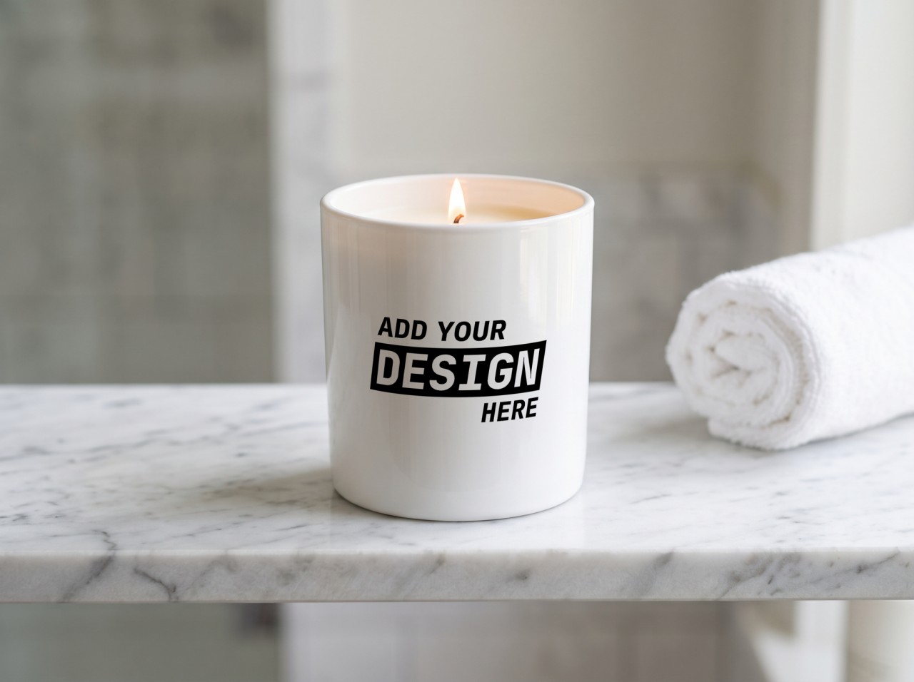 White Ceramic Candle Mockup on a Marble Bathroom Shelf