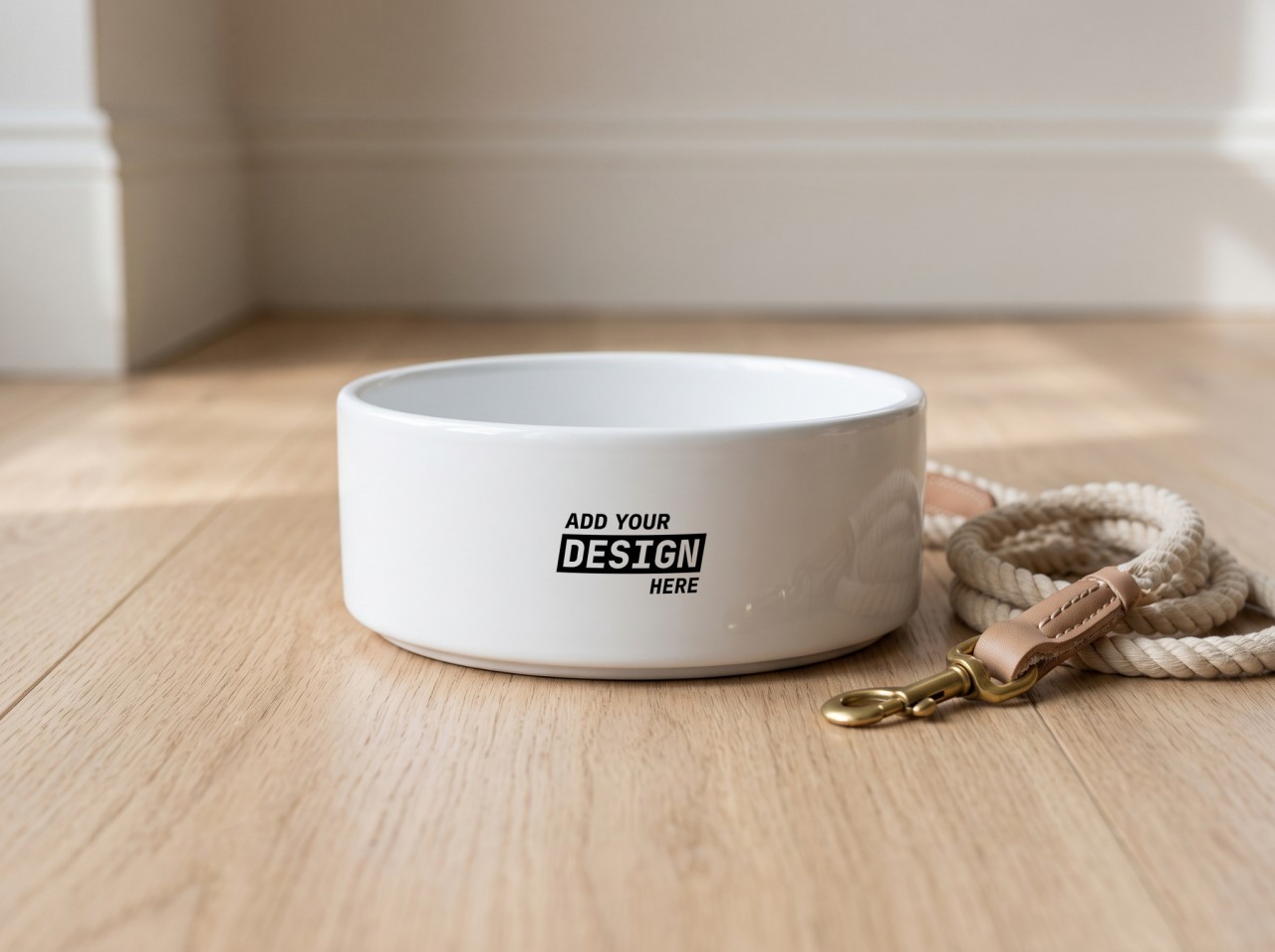 White Ceramic Pet Bowl Mockup on an Oak Floor