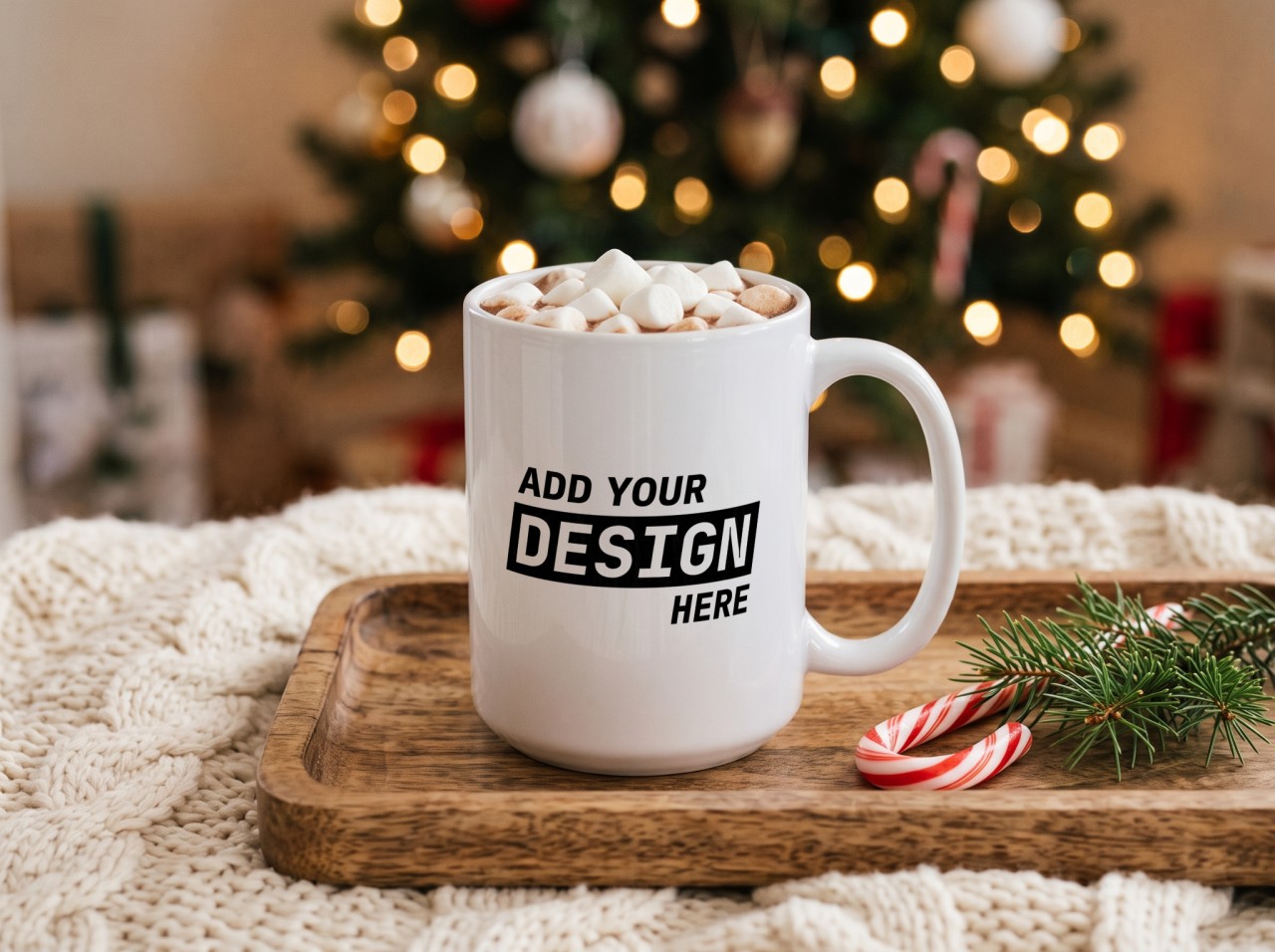 White Christmas Mug Mockup with Hot Cocoa and Marshmallows by the Tree